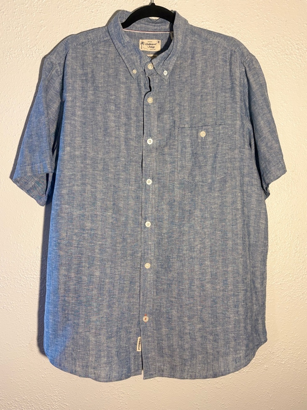 Weatherproof Vintage Short Sleeve Linen Button Shirt Blue Stripe Men’s XL